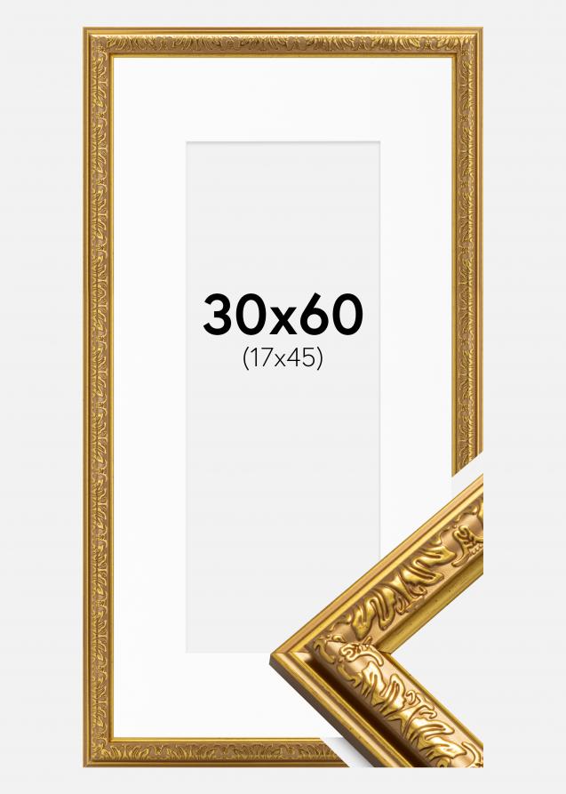 Moldura Nostalgia Dourado 30x60 cm - Passe-partout Branco 18x46 cm