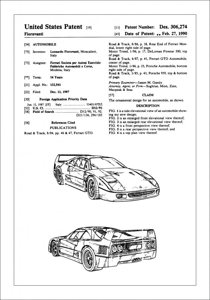 Desenho de patentes - Ferrari F40 I Pster