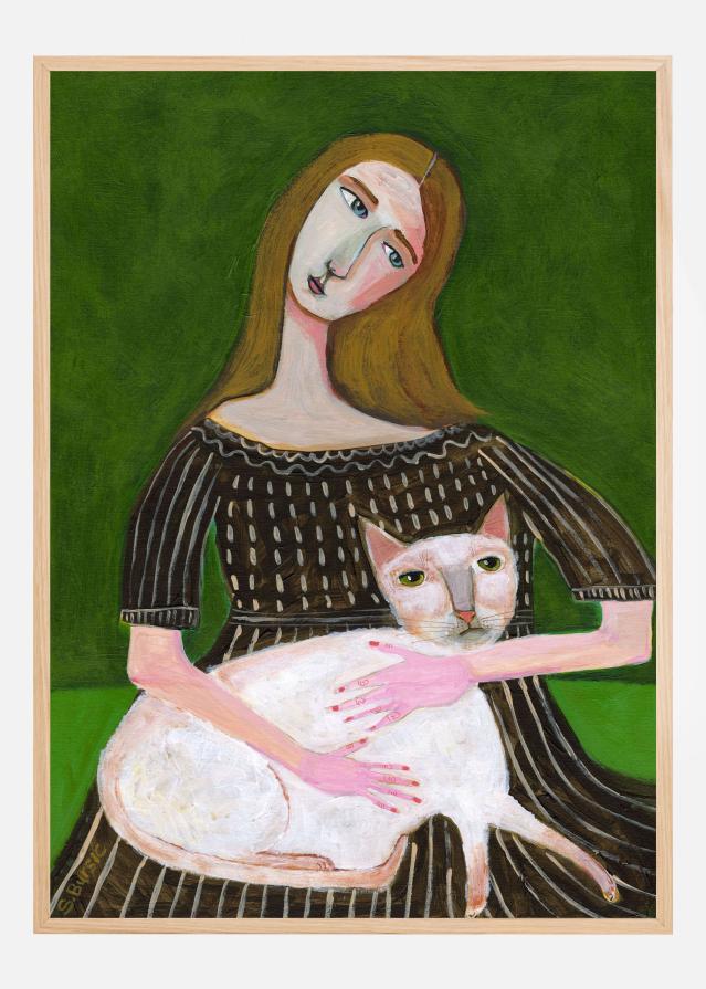 vintage lady with white cat Póster