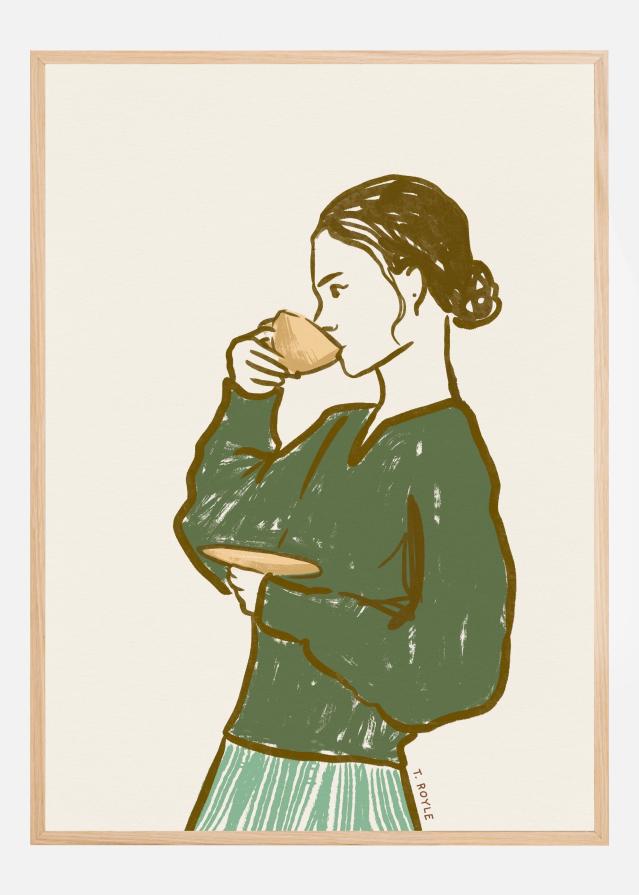 Woman Drinking Tea in Green Póster