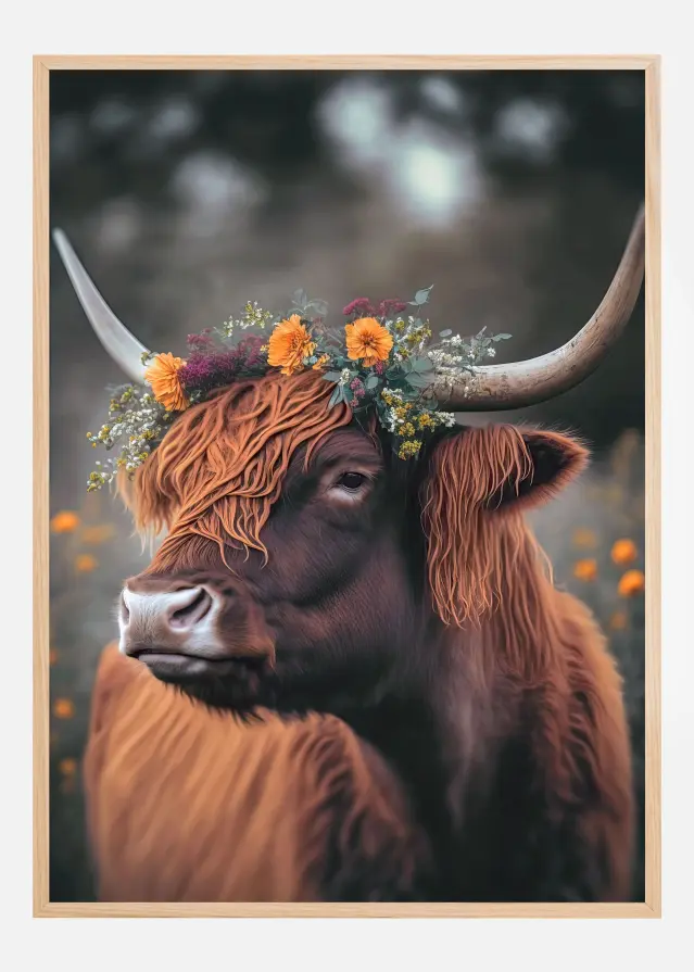 Highland Cow With Flowers Póster