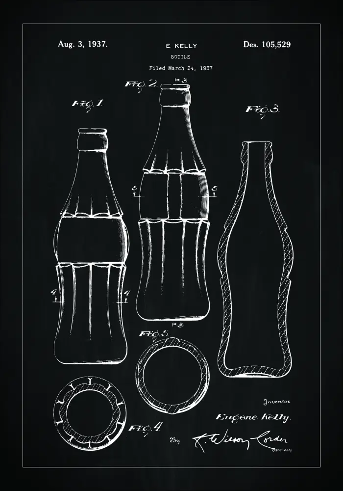 Desenho de patentes - Garrafa de Coca-Cola - Preto Póster