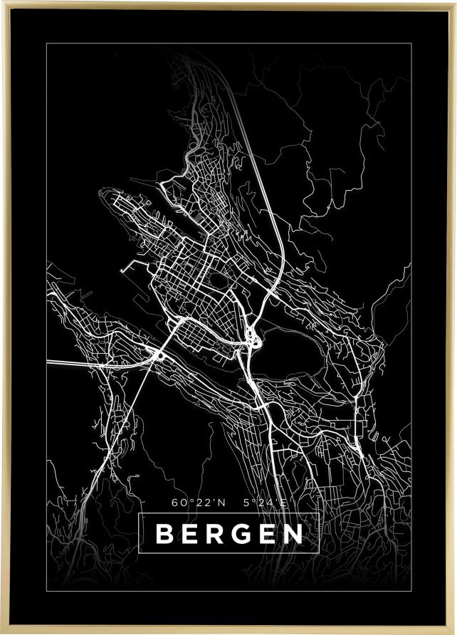Mapa - Bergen - Cartaz Preto