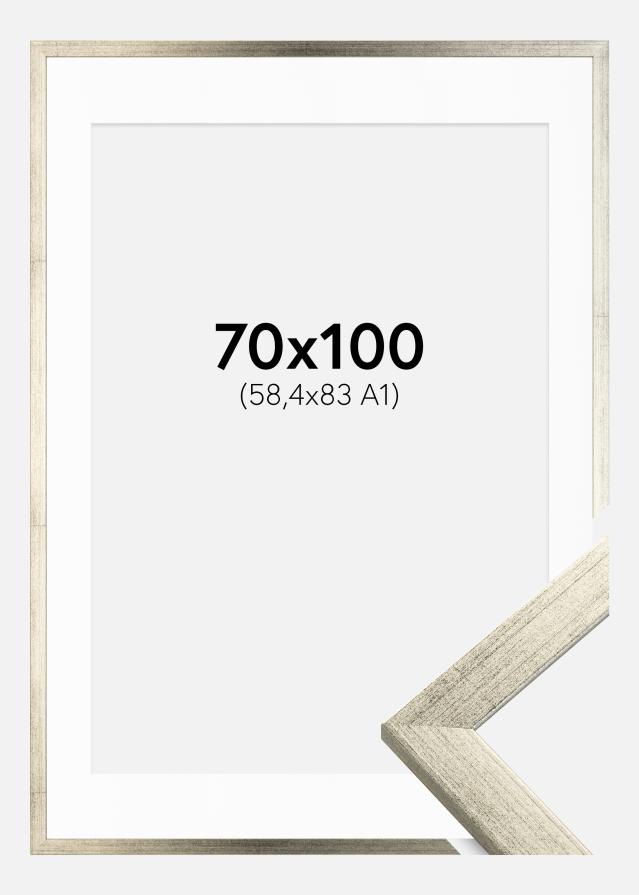 Moldura Stilren Prateado 70x100 cm - Passe-partout Branco 59,4x84 cm (A1)