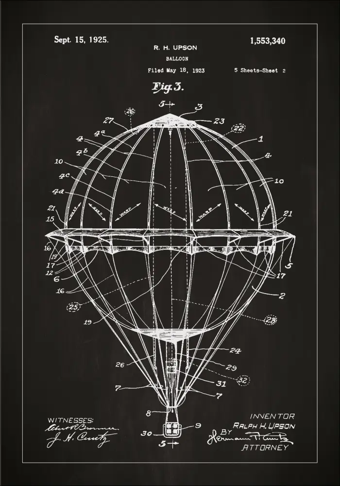 Desenho de patentes - Balão de ar quente - Preto Póster