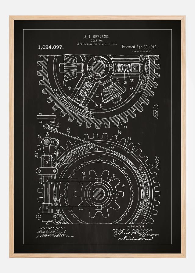 Desenho de patentes - Engrenagem - Preto Póster