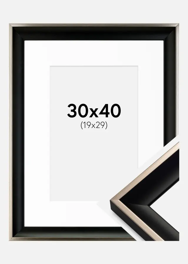 Moldura Öjaren Preto-Prateado 30x40 cm - Passe-partout Branco 20x30 cm