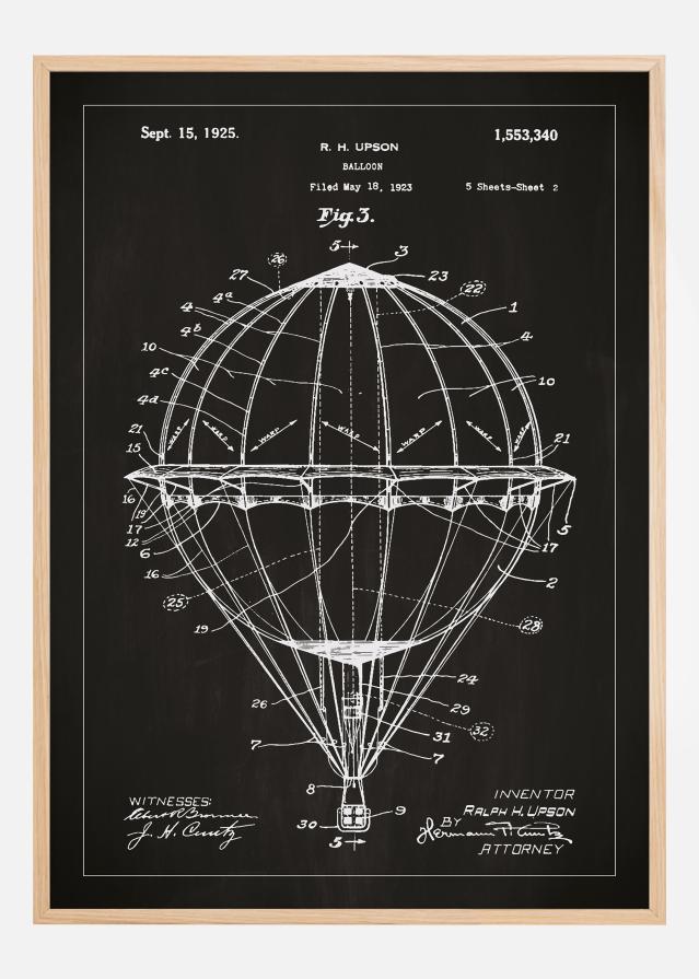 Desenho de patentes - Balão de ar quente - Preto Póster