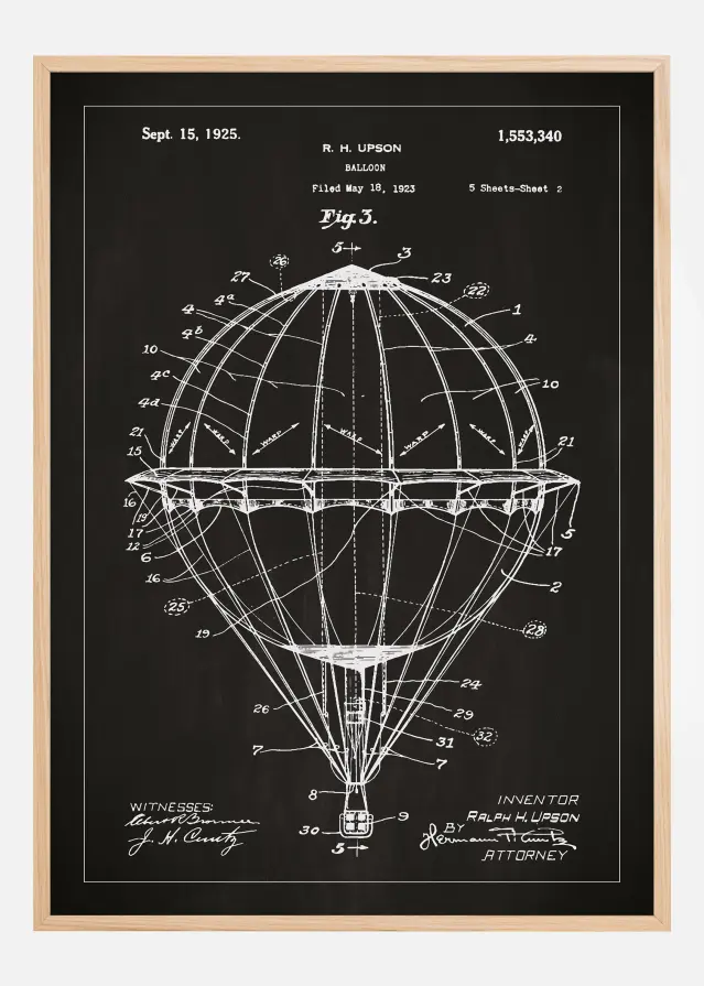 Desenho de patentes - Balão de ar quente - Preto Póster