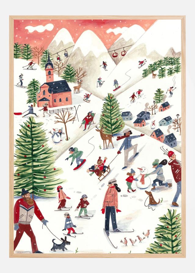 Mountain landscape with houses in the snow Póster