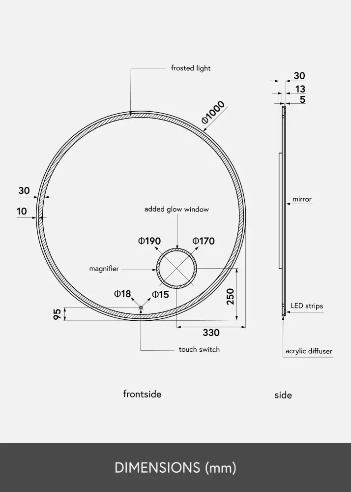 KAILA Espelho Circular Magnifying LED 100 cm Ø