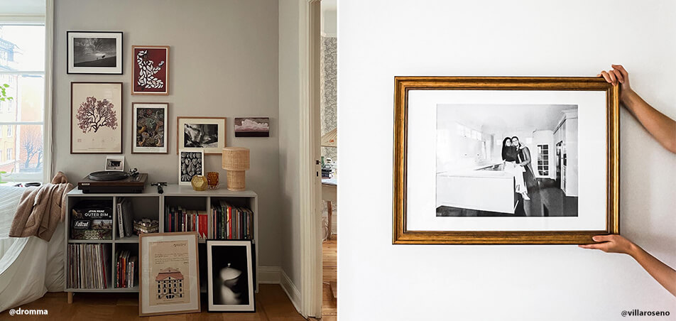 Olika tavelramar i vardagsrum